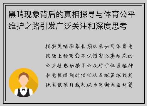 黑哨现象背后的真相探寻与体育公平维护之路引发广泛关注和深度思考